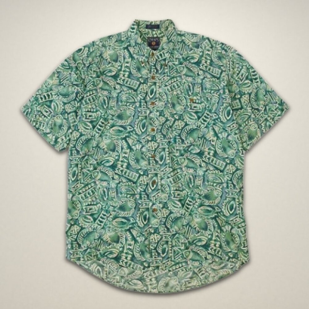Chaps Ralph Lauren Shirt Button-Up Short‎ Sleeves Hawaiian Print Green/White M L